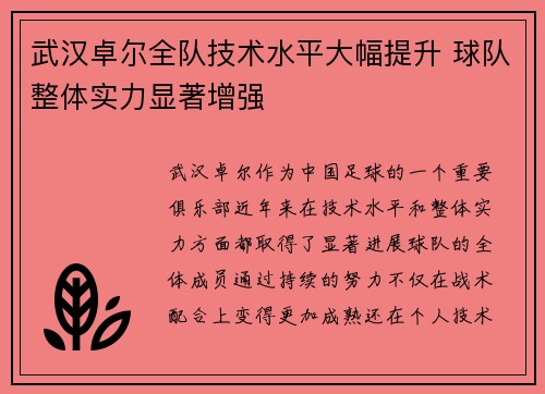 武汉卓尔全队技术水平大幅提升 球队整体实力显著增强