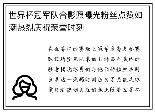世界杯冠军队合影照曝光粉丝点赞如潮热烈庆祝荣誉时刻