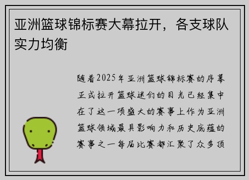 亚洲篮球锦标赛大幕拉开，各支球队实力均衡