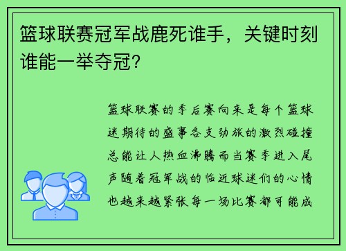篮球联赛冠军战鹿死谁手，关键时刻谁能一举夺冠？