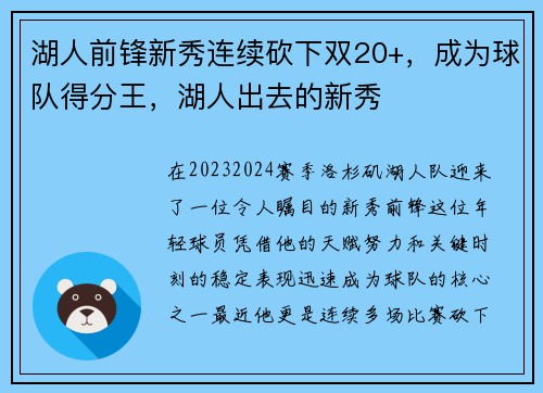 湖人前锋新秀连续砍下双20+，成为球队得分王，湖人出去的新秀