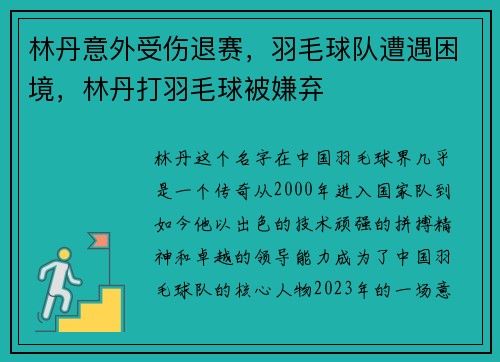林丹意外受伤退赛，羽毛球队遭遇困境，林丹打羽毛球被嫌弃