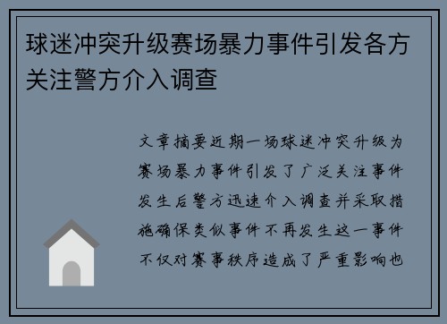 球迷冲突升级赛场暴力事件引发各方关注警方介入调查