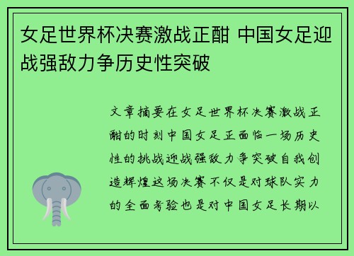 女足世界杯决赛激战正酣 中国女足迎战强敌力争历史性突破