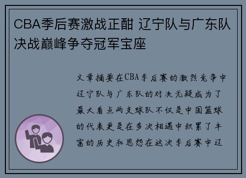CBA季后赛激战正酣 辽宁队与广东队决战巅峰争夺冠军宝座
