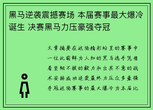 黑马逆袭震撼赛场 本届赛事最大爆冷诞生 决赛黑马力压豪强夺冠