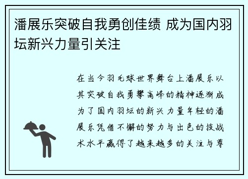 潘展乐突破自我勇创佳绩 成为国内羽坛新兴力量引关注