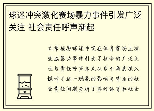 球迷冲突激化赛场暴力事件引发广泛关注 社会责任呼声渐起