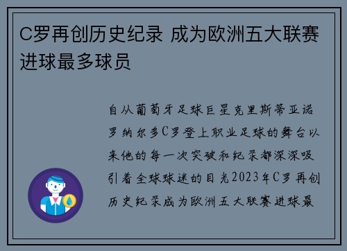 C罗再创历史纪录 成为欧洲五大联赛进球最多球员