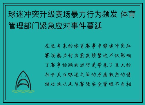球迷冲突升级赛场暴力行为频发 体育管理部门紧急应对事件蔓延