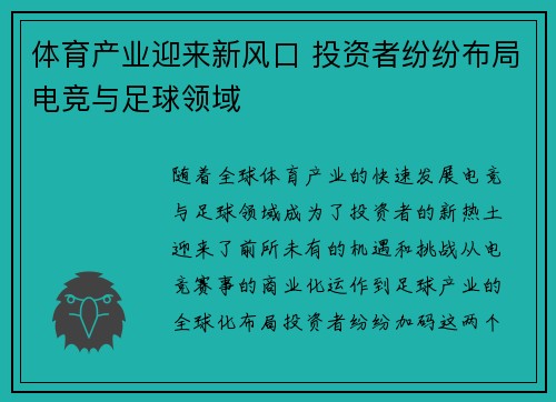 体育产业迎来新风口 投资者纷纷布局电竞与足球领域
