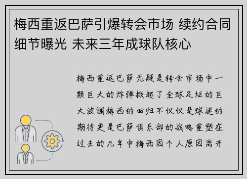 梅西重返巴萨引爆转会市场 续约合同细节曝光 未来三年成球队核心