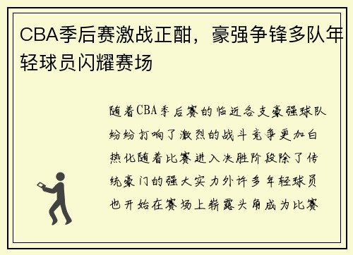 CBA季后赛激战正酣，豪强争锋多队年轻球员闪耀赛场