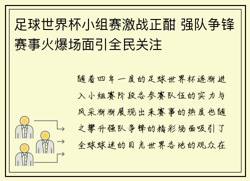 足球世界杯小组赛激战正酣 强队争锋赛事火爆场面引全民关注