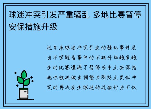 球迷冲突引发严重骚乱 多地比赛暂停安保措施升级